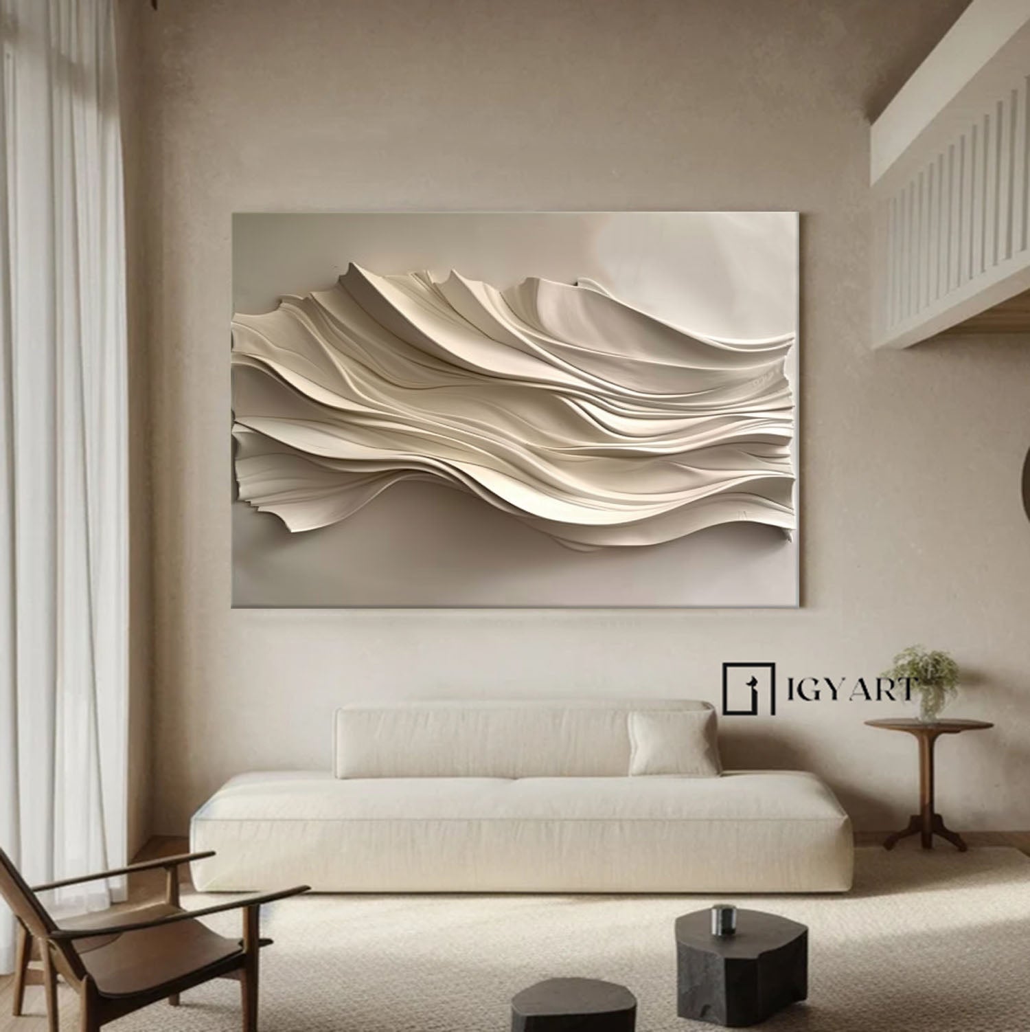 Beige Sculptured art Wood carving wall art Beige 3D Textured Wall Art