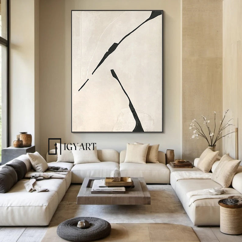 Beige Minimalist Wall Art,Beige Black Abstract Painting, Beige Wabi-sabi Wall Art, Large Beige Textured Painting
