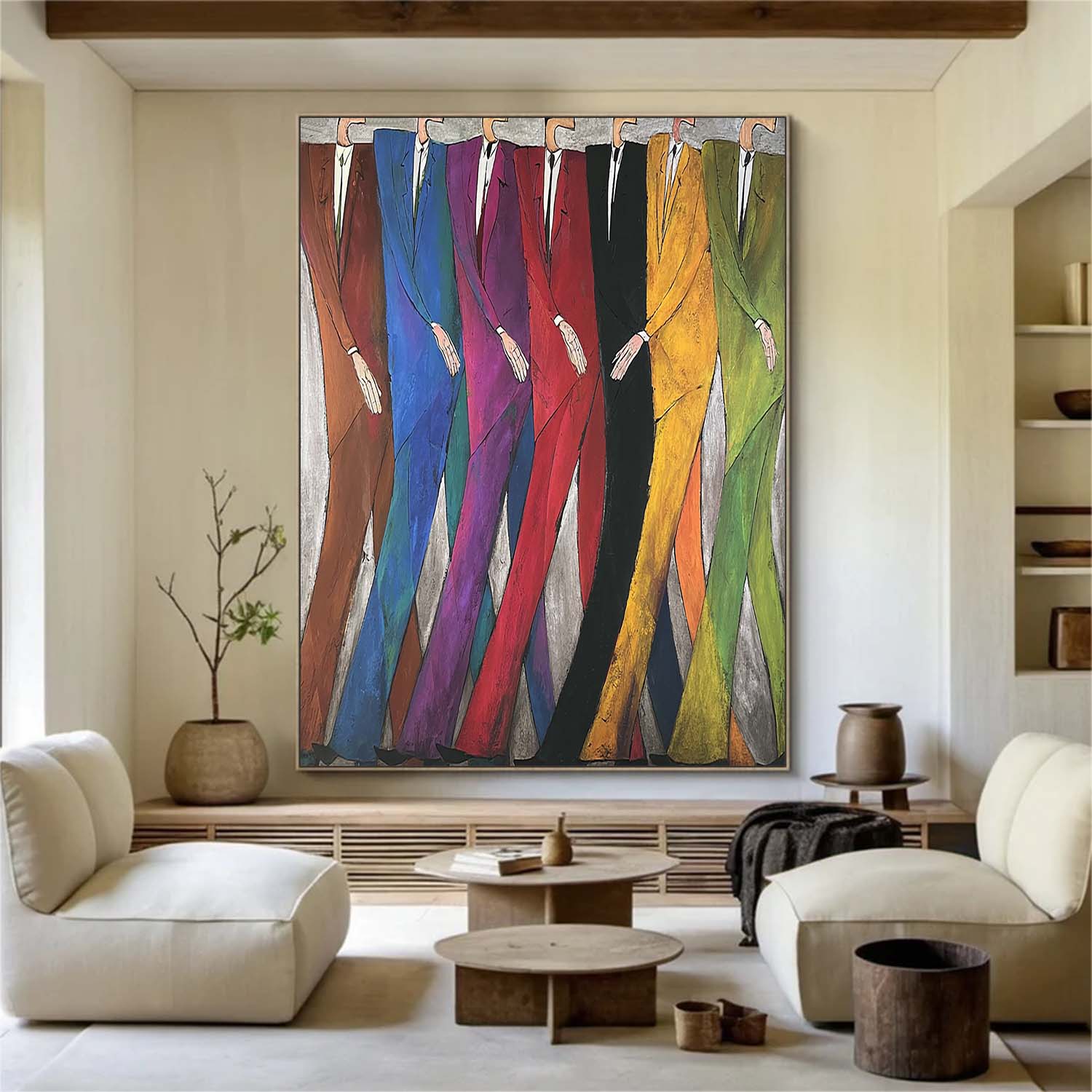 Modern Abstract Figures Painting - Mid-Century Hand-Painted Figures for Office Decor