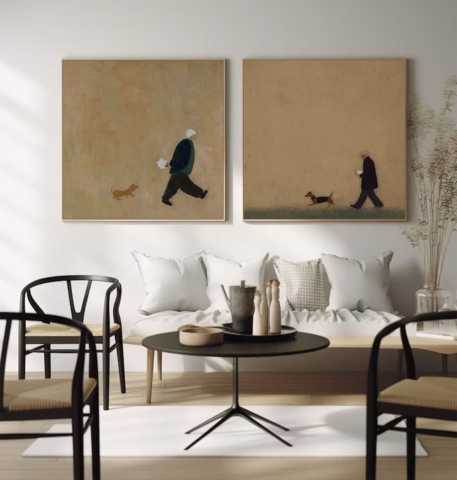 Modern Abstract Figures & Dog Canvas Art - Set of 2 Textured Oil Painting Earthy Tone Decor