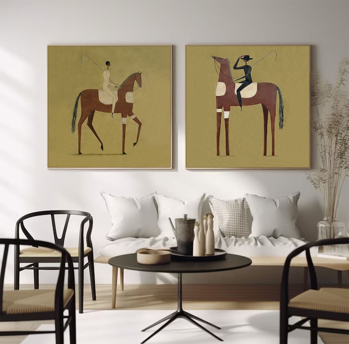 Hand-Painted Set of 2 Modern Equestrian Painting Minimalist Horse & Rider Canvas Art