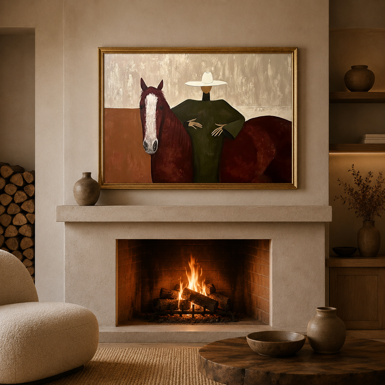 Mid Century Modern Horse Painting With Woman In Hat Square Canvas Art