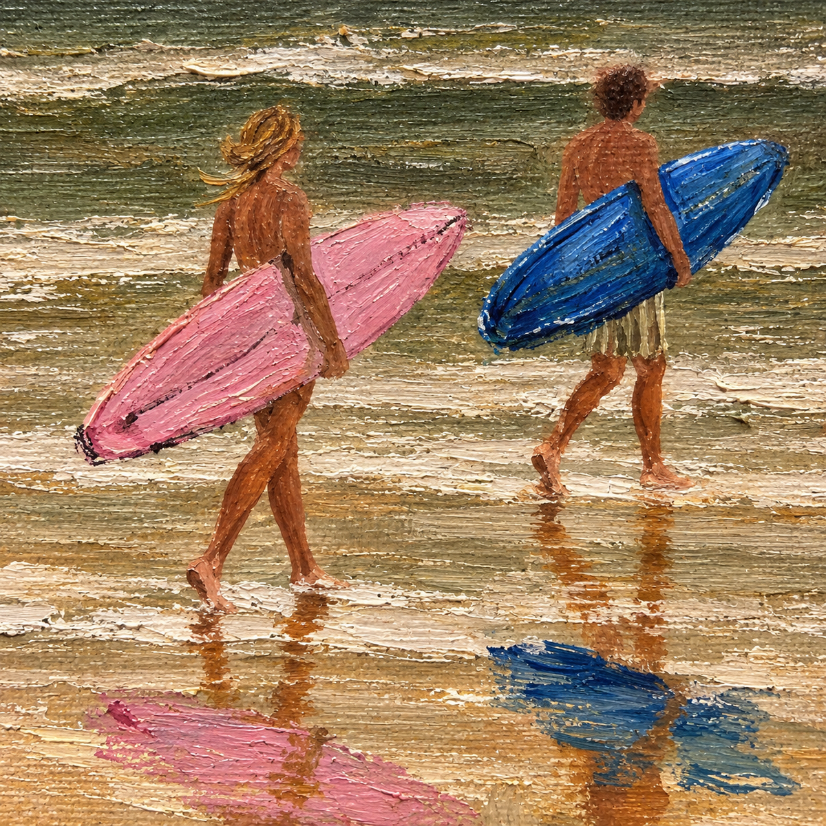 Couples Surfing Canvas Art, Pink And Blue Surfboard Beach Decor, Vintage Coastal Ocean Painting