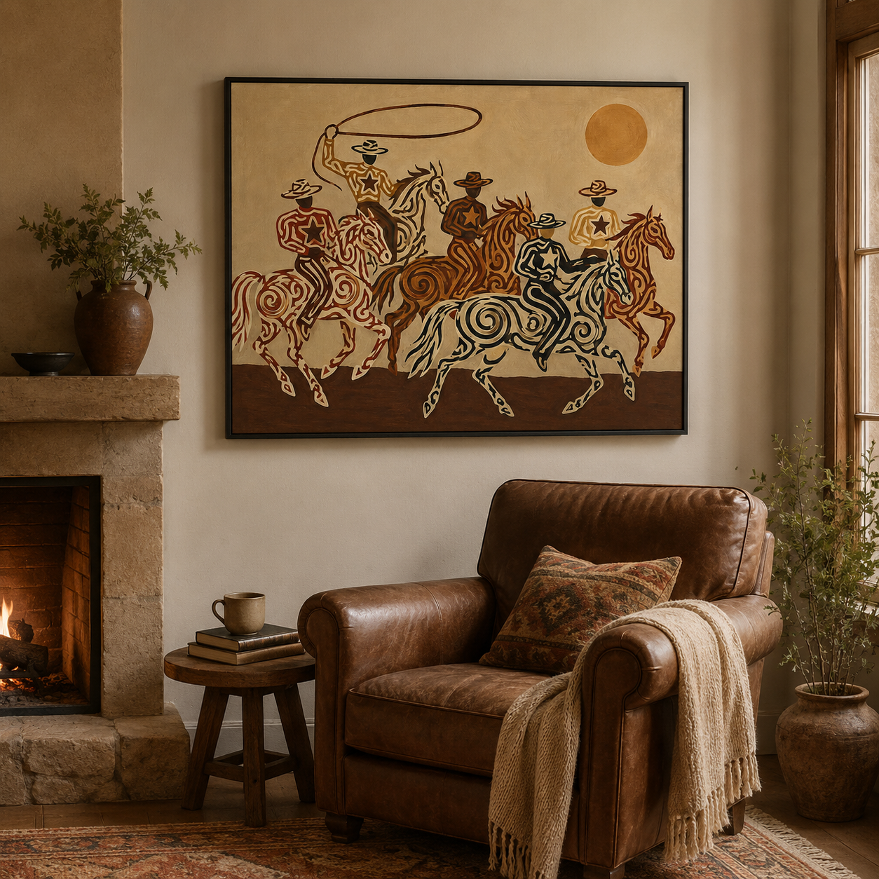 Cowboy And Horse Canvas Painting Hand-Painted Western Art In Brown Tones