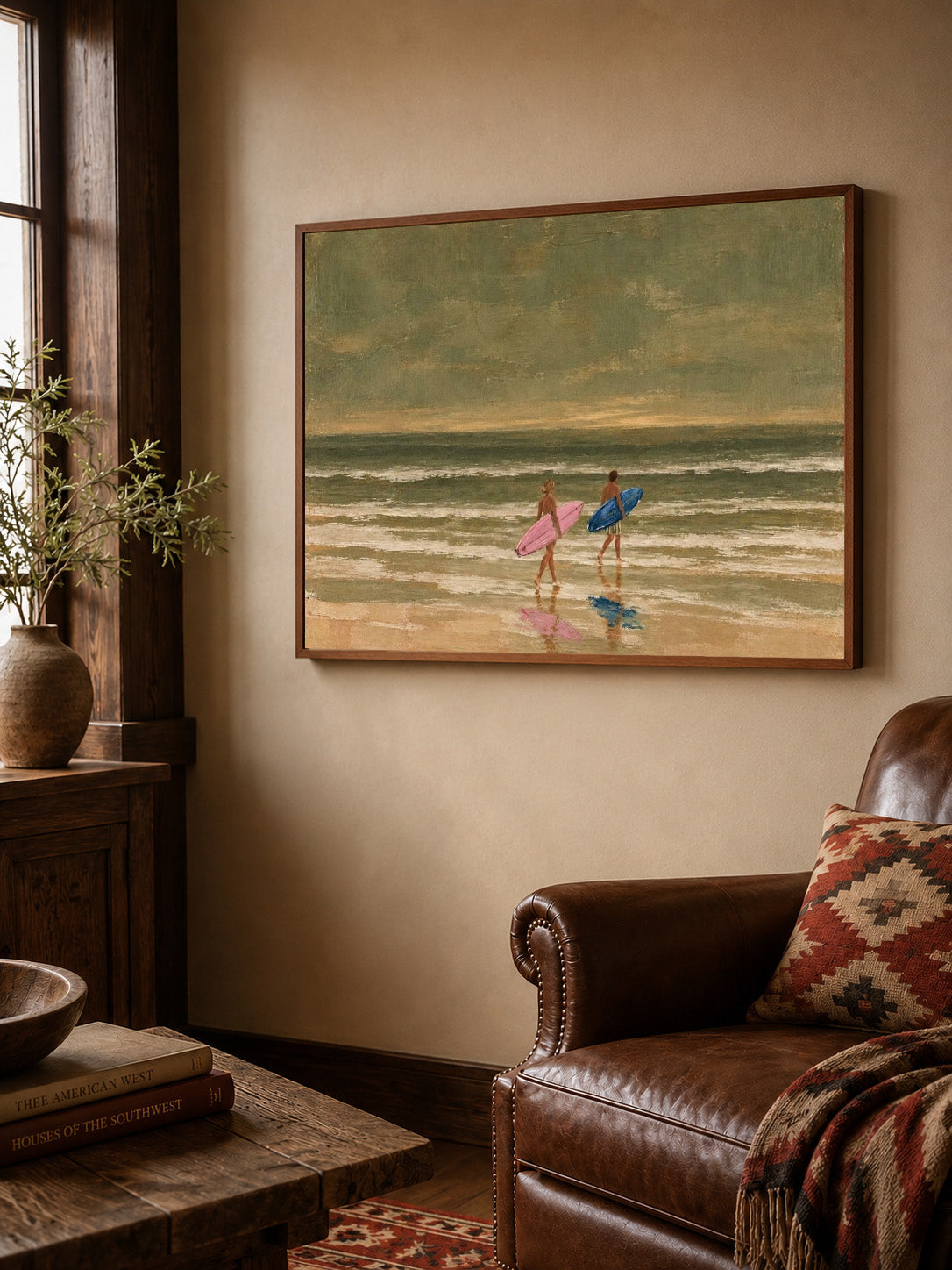 Couples Surfing Canvas Art, Pink And Blue Surfboard Beach Decor, Vintage Coastal Ocean Painting