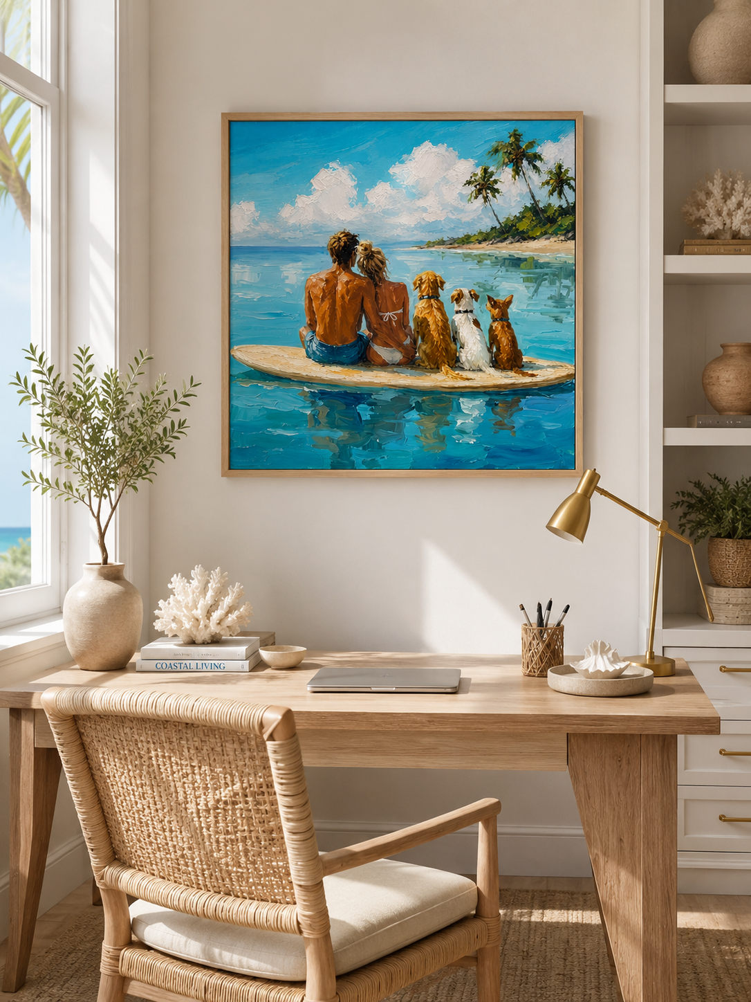Summer Seascape Artwork Romantic Beach Painting With Dogs On Surfboard For Living Room Decor