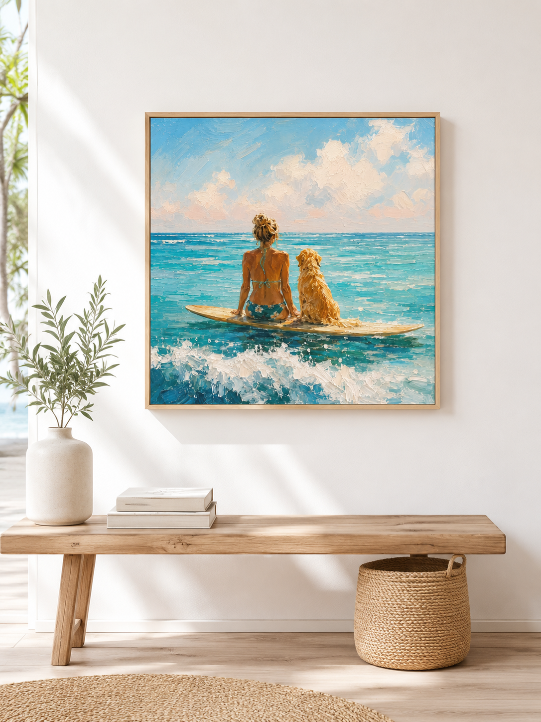 Summer Beach Surfboard Art Hand Painted Girl And Dog Ocean View Art For Beach House Living Room Decor