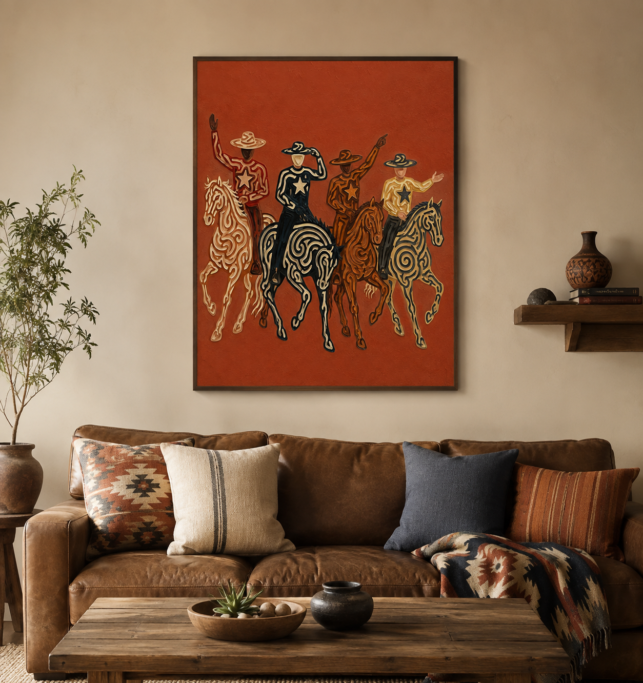 Four Cowboys Horse Painting, Colorful Western Riders, Terracotta Southwestern Wall Art
