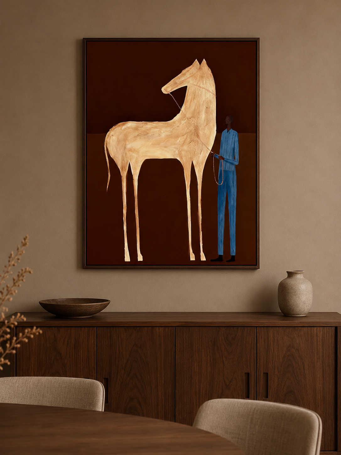 Vintage Horse Artwork Elongated Figure Painting Brown Beige Wall Decor