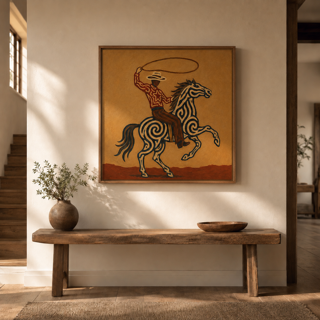 Cowboy Lasso Horse Art , Roping Horse Western Painting, Cowboy Throwing Lasso Wall Decor, Dynamic Rodeo Canvas Art