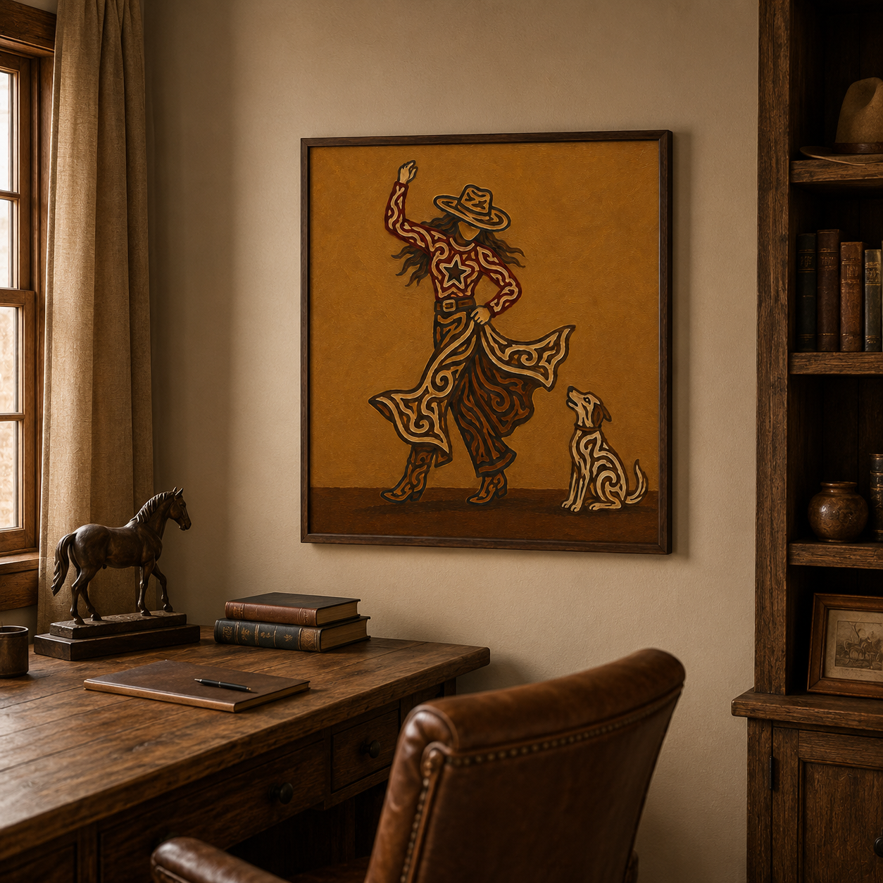 Cowgirl And Dog Wall Art, Western Woman Art , Dancing Cowgirl Canvas,Contemporary Western Decor
