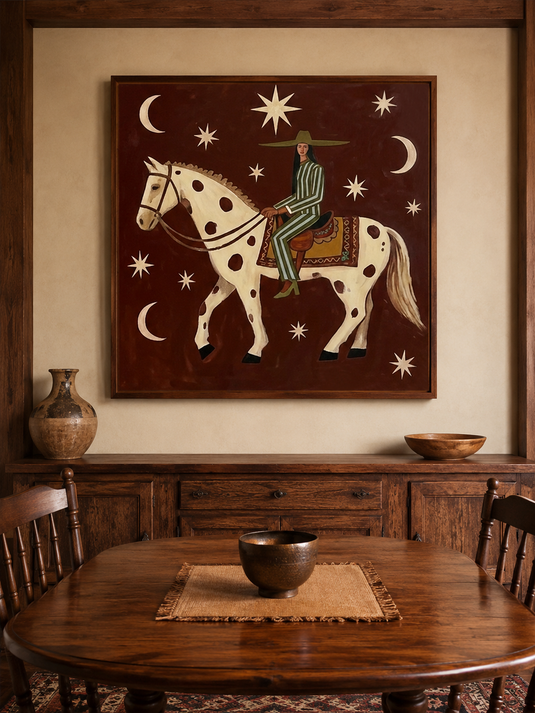 Whimsical Folk Art Painting Of Woman Riding Horse Under Stars For Living Room Decor
