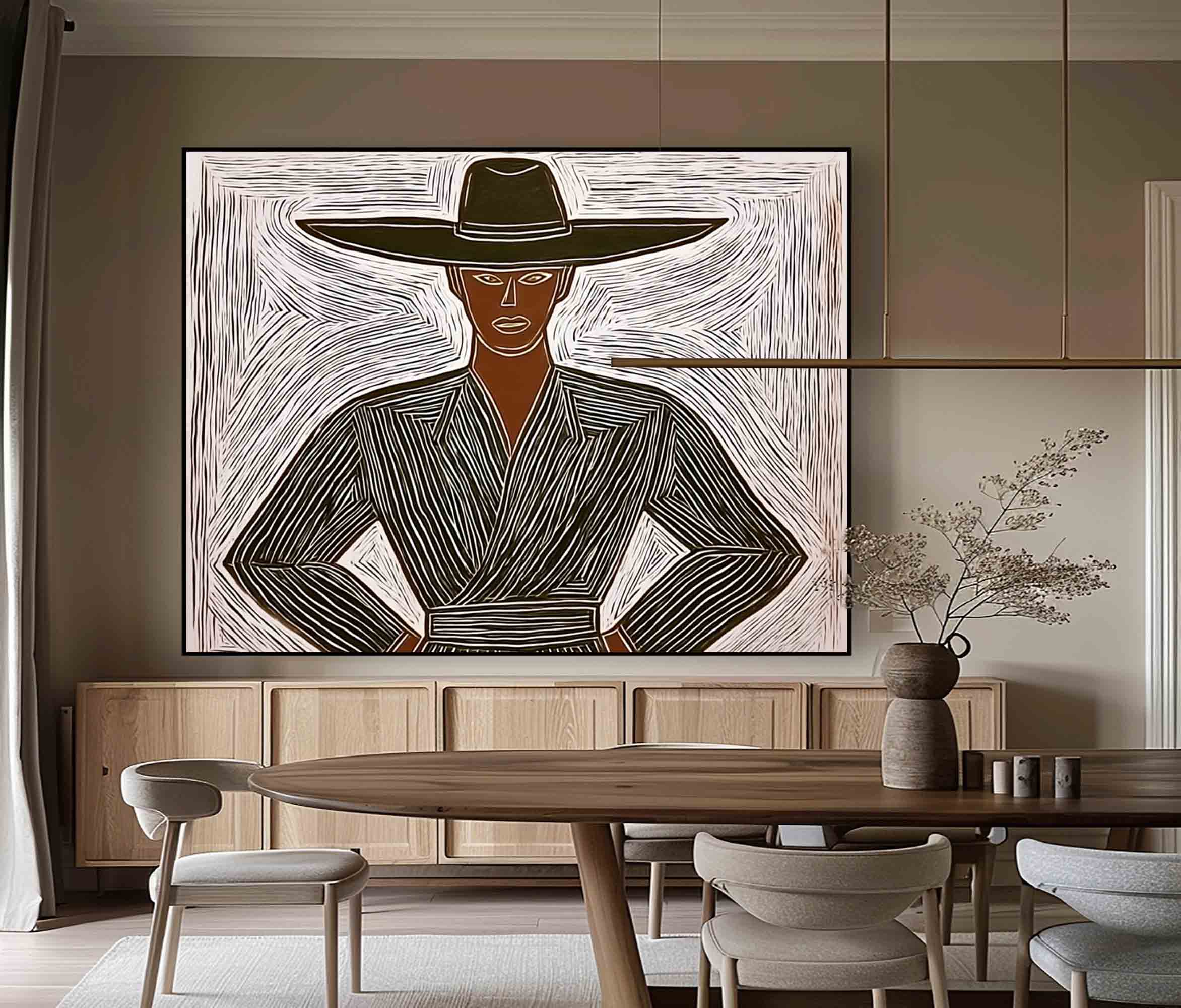 Abstract cowboy wall art Large Minimalist character abstract painting