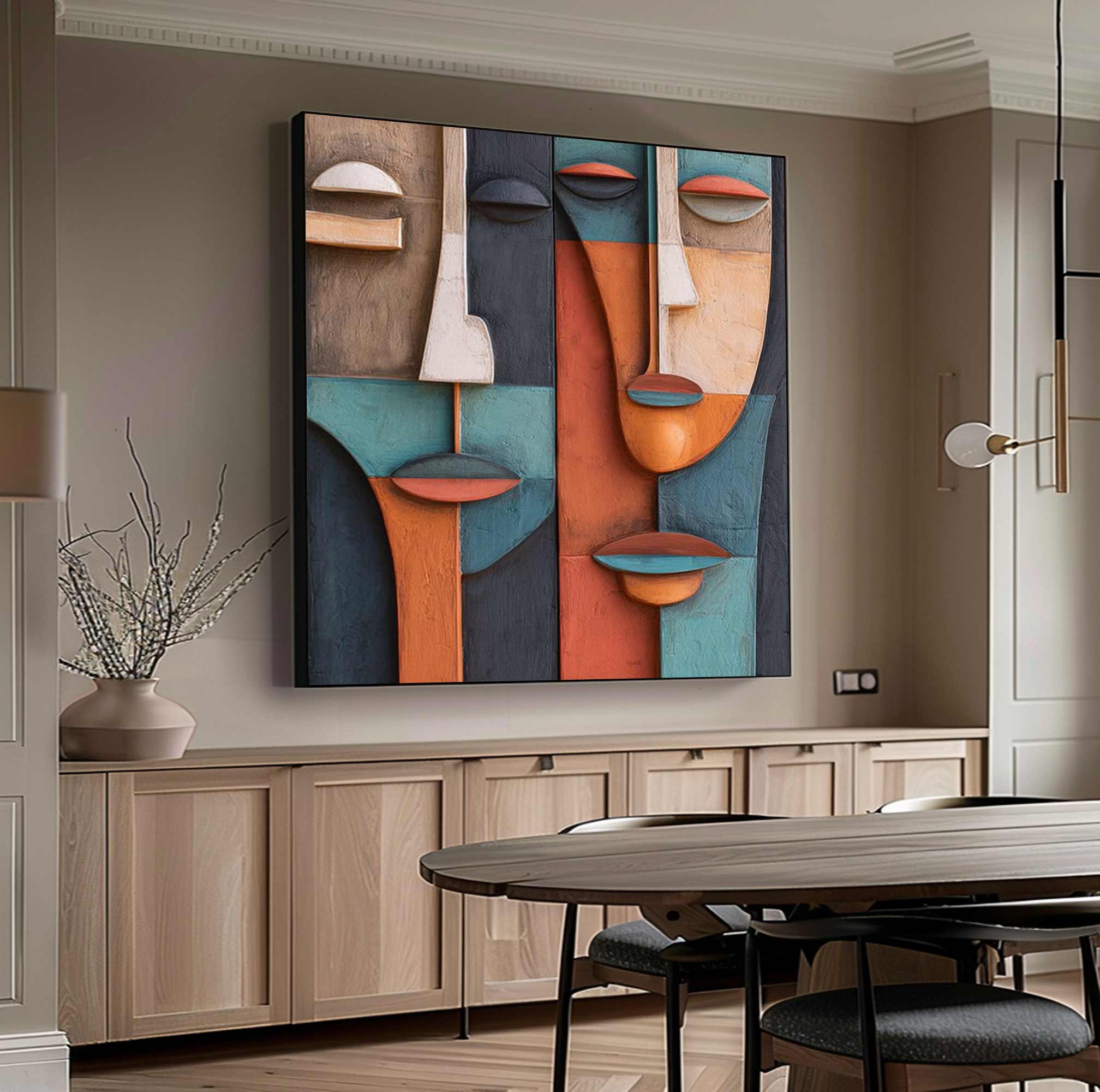face Abstract 3D Textured Sculpture Hand-Painted Wood Carving Wall Art