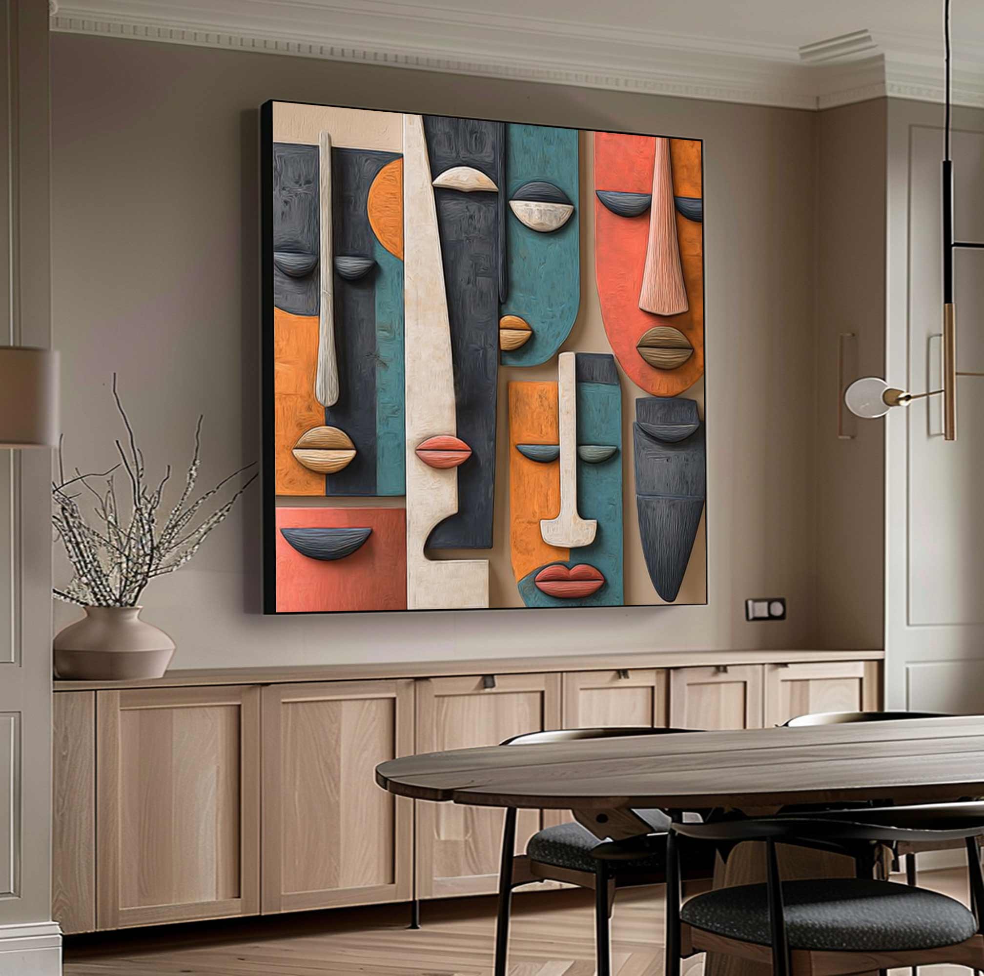 Hand-Painted Wood Carving Wall Art face Abstract 3D Textured Sculpture