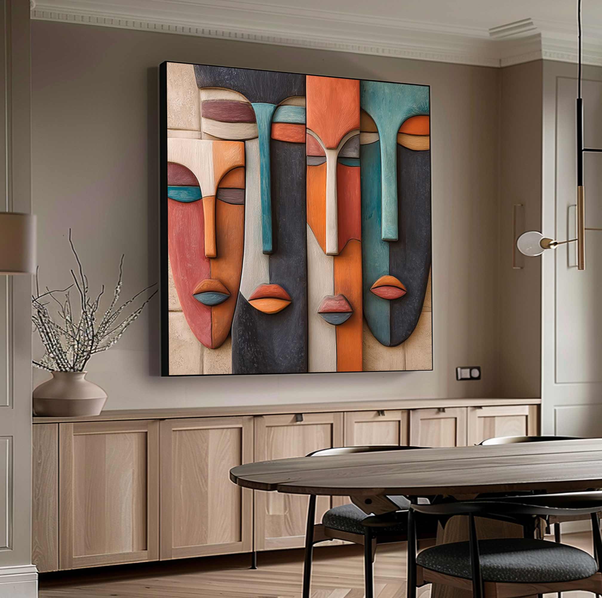 Hand-Painted Wood Carving Wall Art face Abstract 3D Textured Sculpture