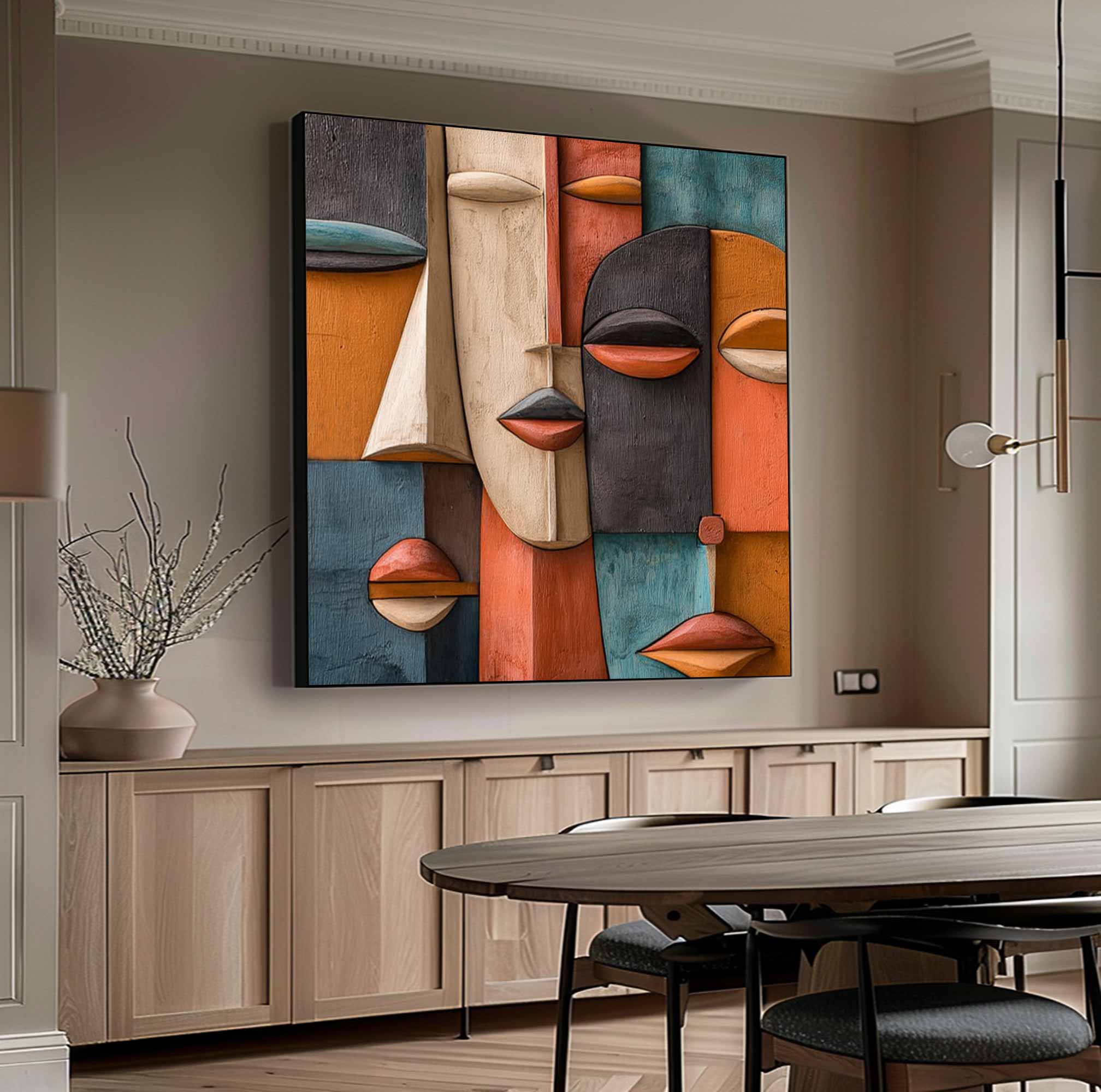 Hand-Painted Wood Carving Wall Art face Abstract 3D Textured Sculpture