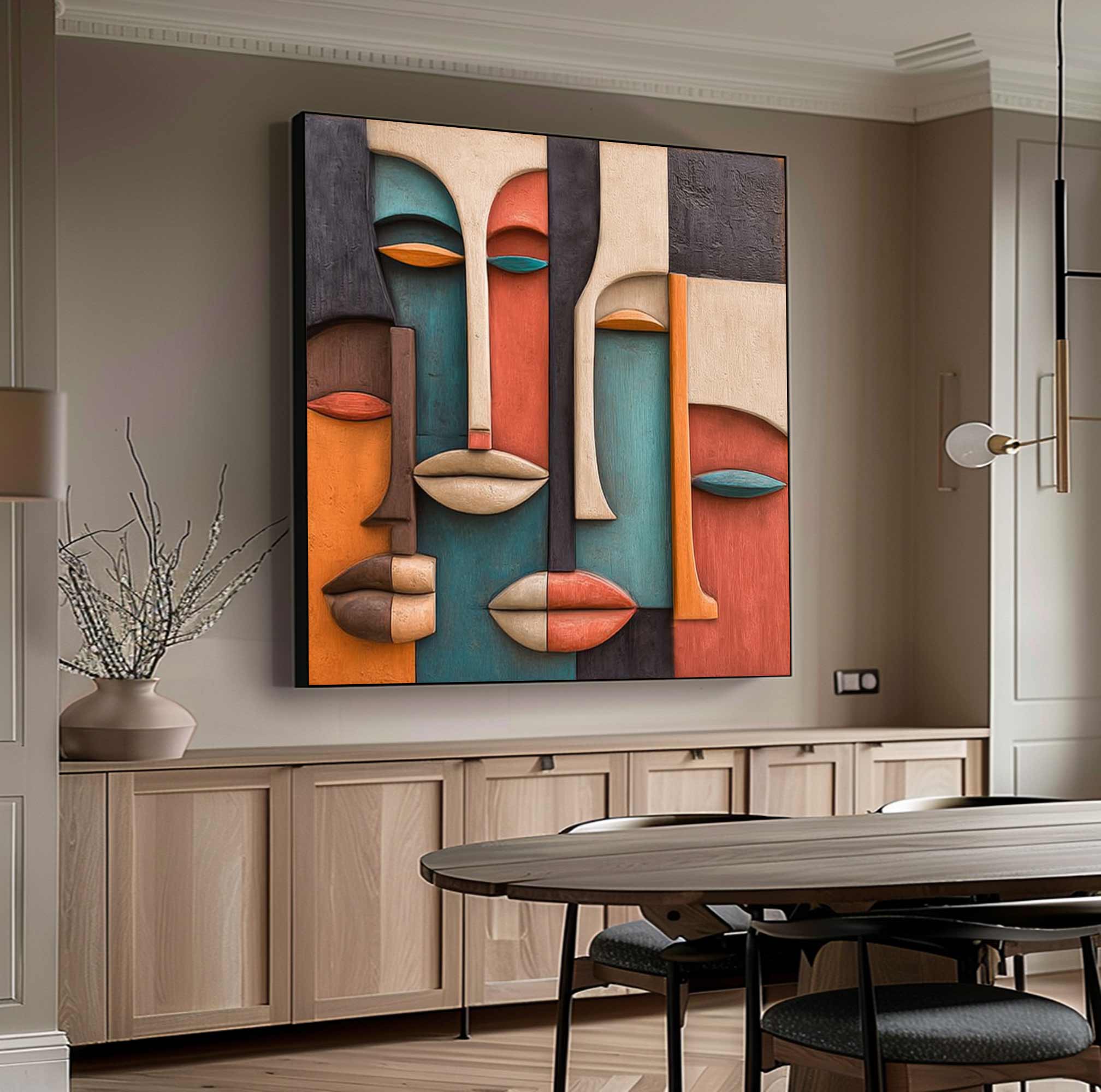 Hand-Painted Wood Carving Wall Art face Abstract 3D Textured Sculpture