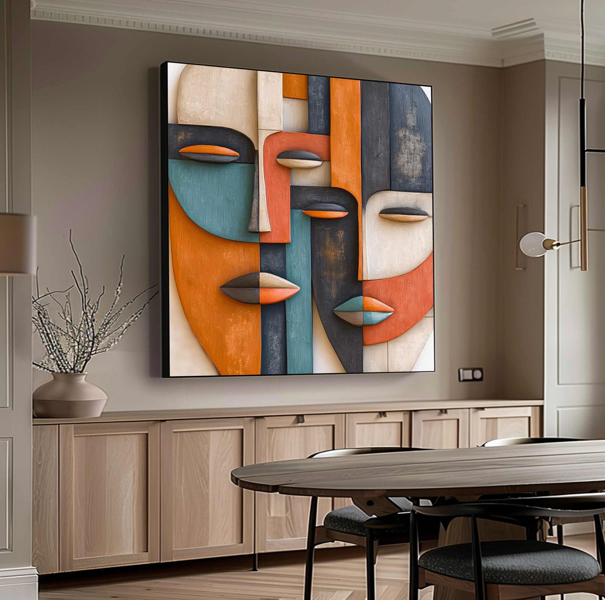Hand-Painted Wood Carving Wall Art face Abstract 3D Textured Sculpture