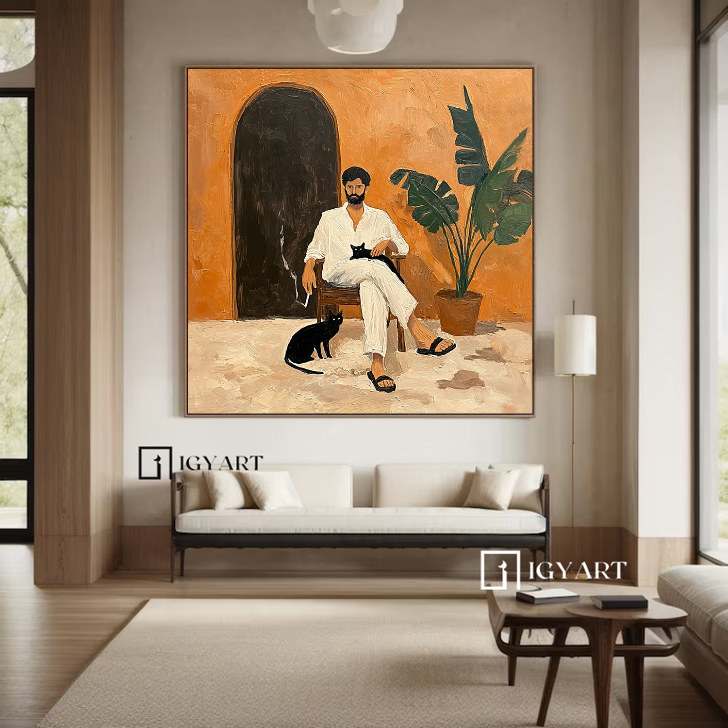 Minimalist Portrait with Black Cat - Wabi-Sabi Art Decor, Textured Earthy Tones