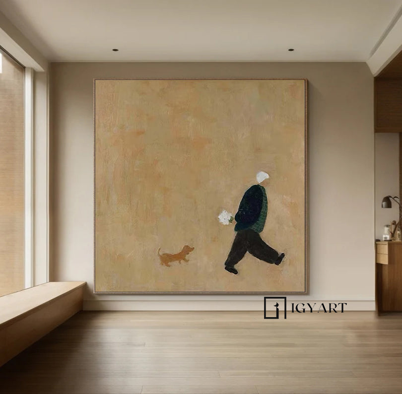 Old man walking with puppy Oil Painting Brown Hand-Painted Canvas Art