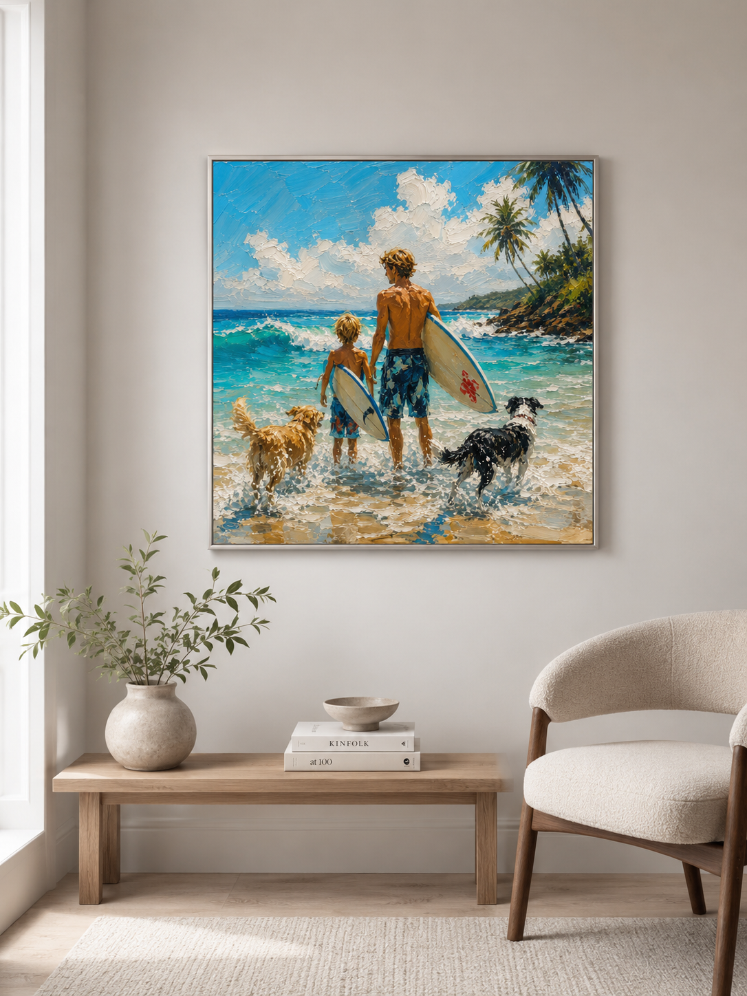 Coastal Vacation Wall Art Father Son Surfing Oil Painting With Dogs For Beach House Decor