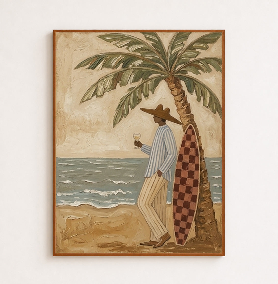 Textured Beach Canvas Art With Palm Tree And Surfer For Coastal Living Room Decor