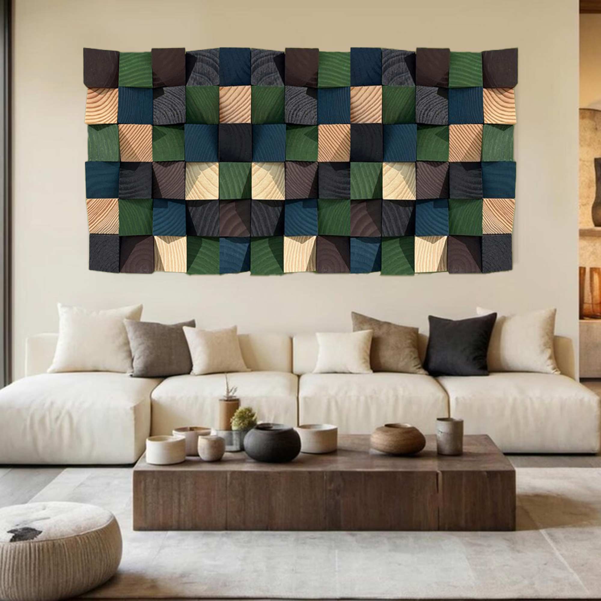 Green Geometric Wood Art Textured Wall Sculpture Wood carving wall art