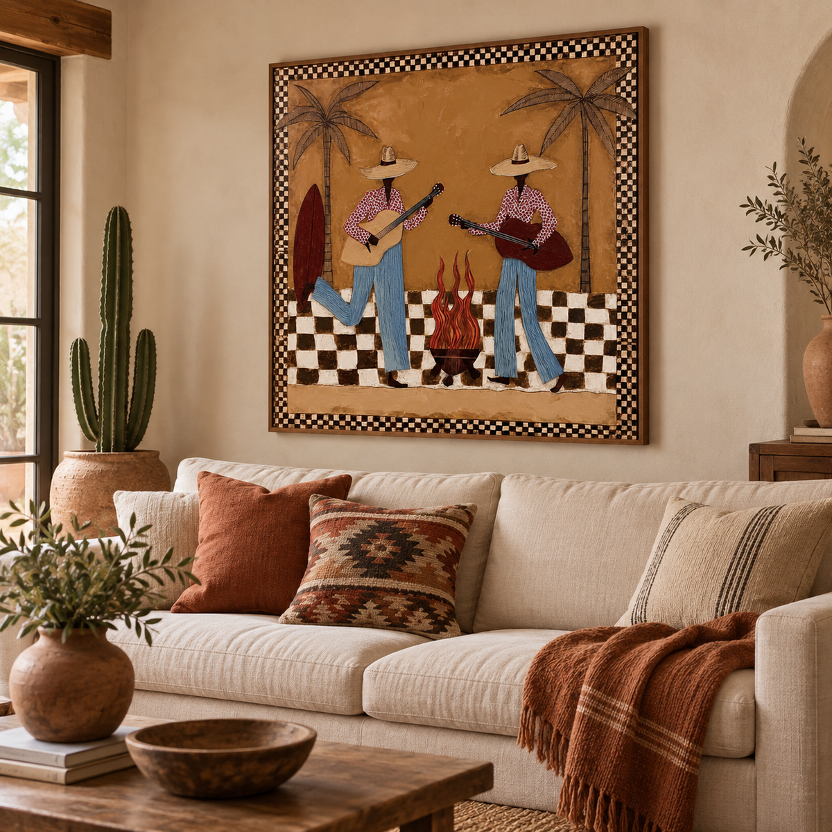 Retro Cowgirl Guitar Painting, Western Music Wall Art,checkerboard Western Art