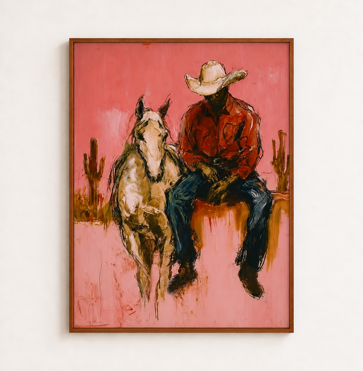 Cowboy With Horse Hand-Painted Oil Painting In Dusty Pink | Western Wall Art