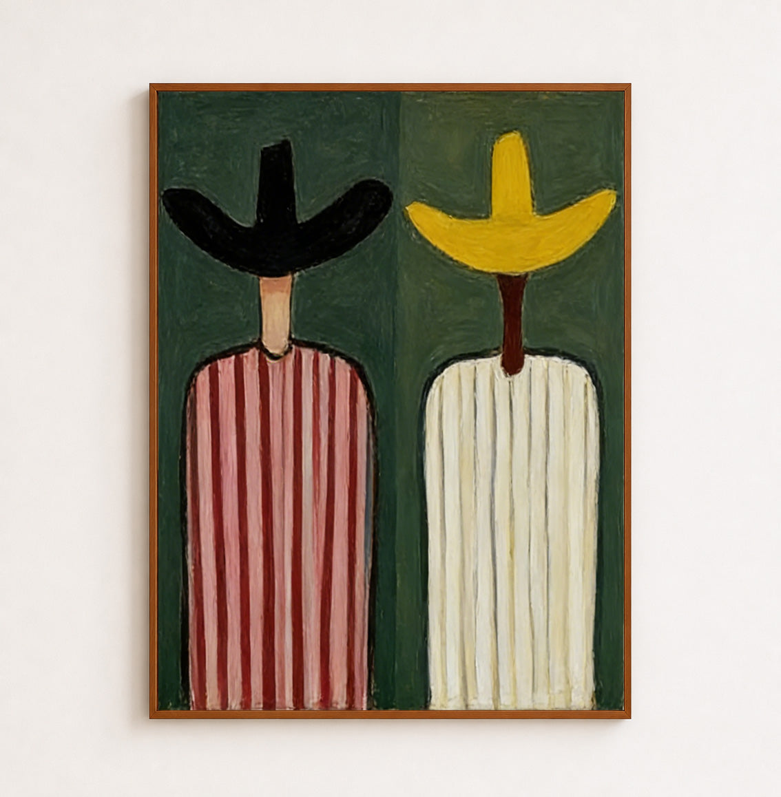Abstract Figurative Painting With Sage Green Background And Striped Characters For Modern Home Decor