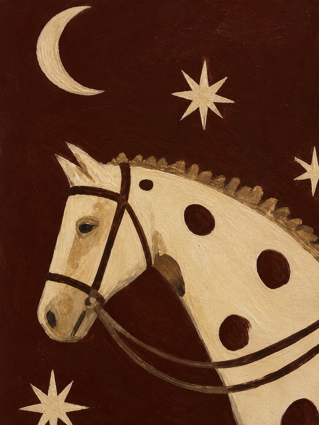 Whimsical Folk Art Painting Of Woman Riding Horse Under Stars For Living Room Decor