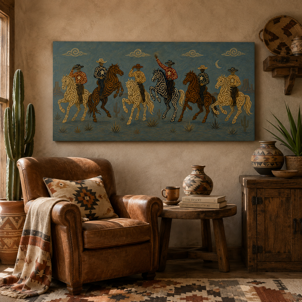 Blue Moon Cowboy Riders Painting, Panoramic Western Horse Art, Southwestern Desert Night Decor