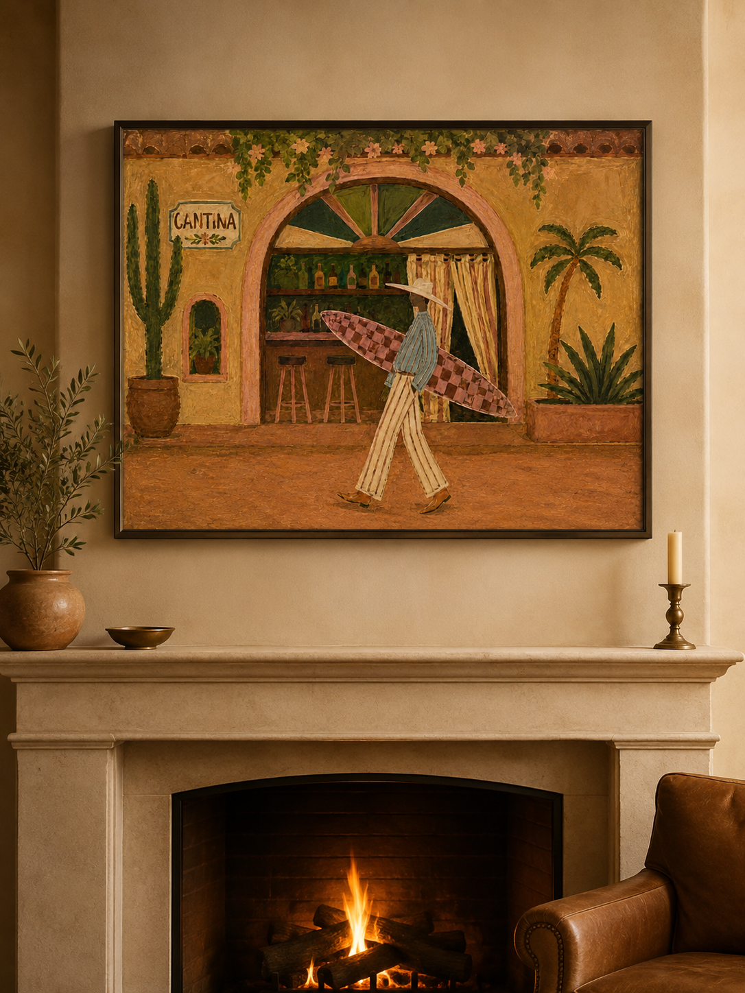 Retro Surfer Cantina Painting For Beach House Decor Cantina Wall Art, Western Coastal Surf Decor