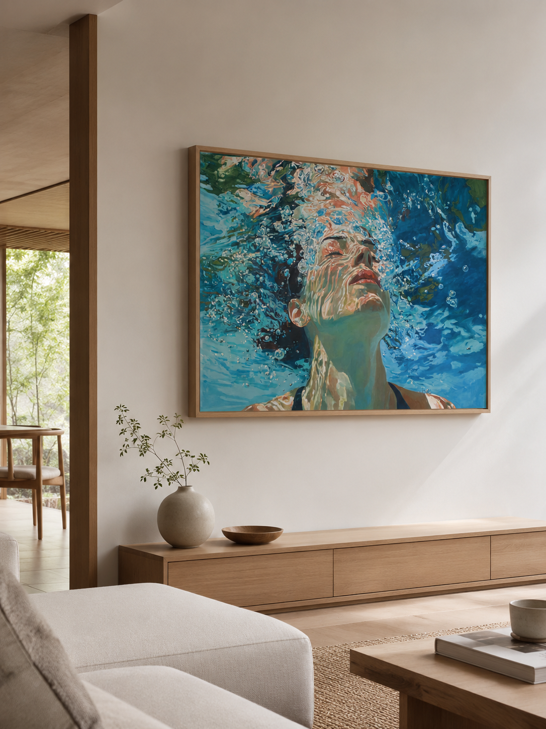 Ethereal Underwater Girl Painting With Bubbles For Coastal Bathroom Decor