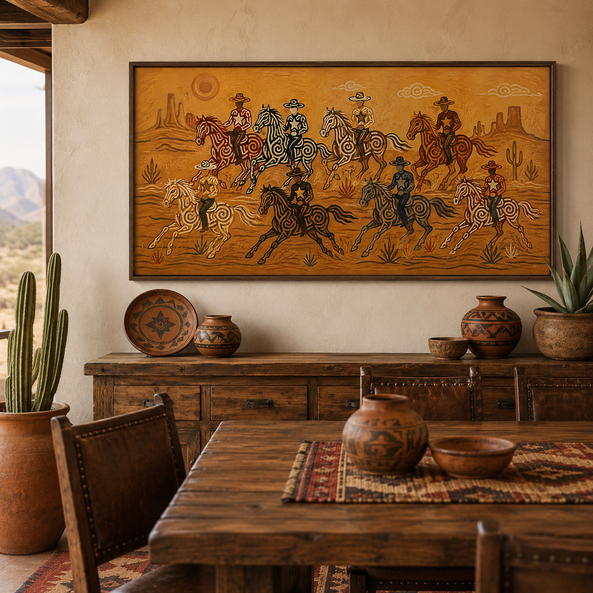 Panoramic Desert Cowboy Painting, Southwestern Horse Riders, Arizona Western Landscape Art