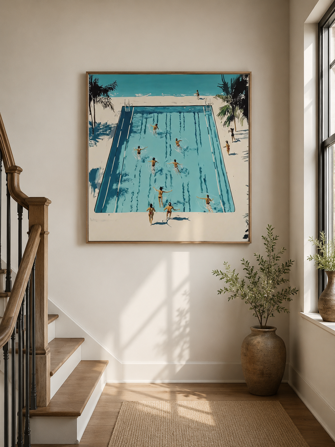 Vintage Pool Painting With Palm Trees For Modern Living Room Wall Decor Large Square Canvas