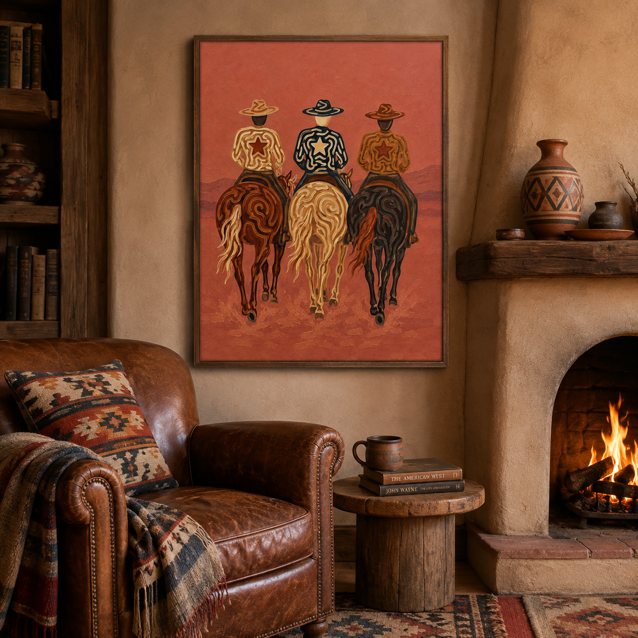 Pink Western Cowboys Painting, Desert Horse Riders, Southwestern Landscape Wall Art