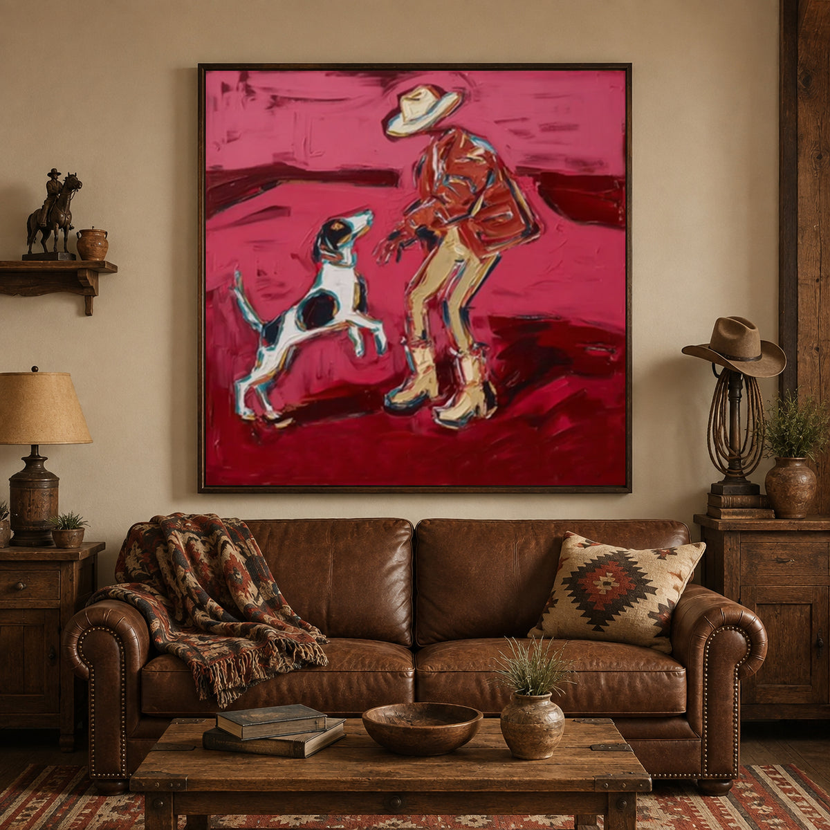 Cowboy And Dog Figurative Canvas Painting In Red Tones For Modern Western Decor