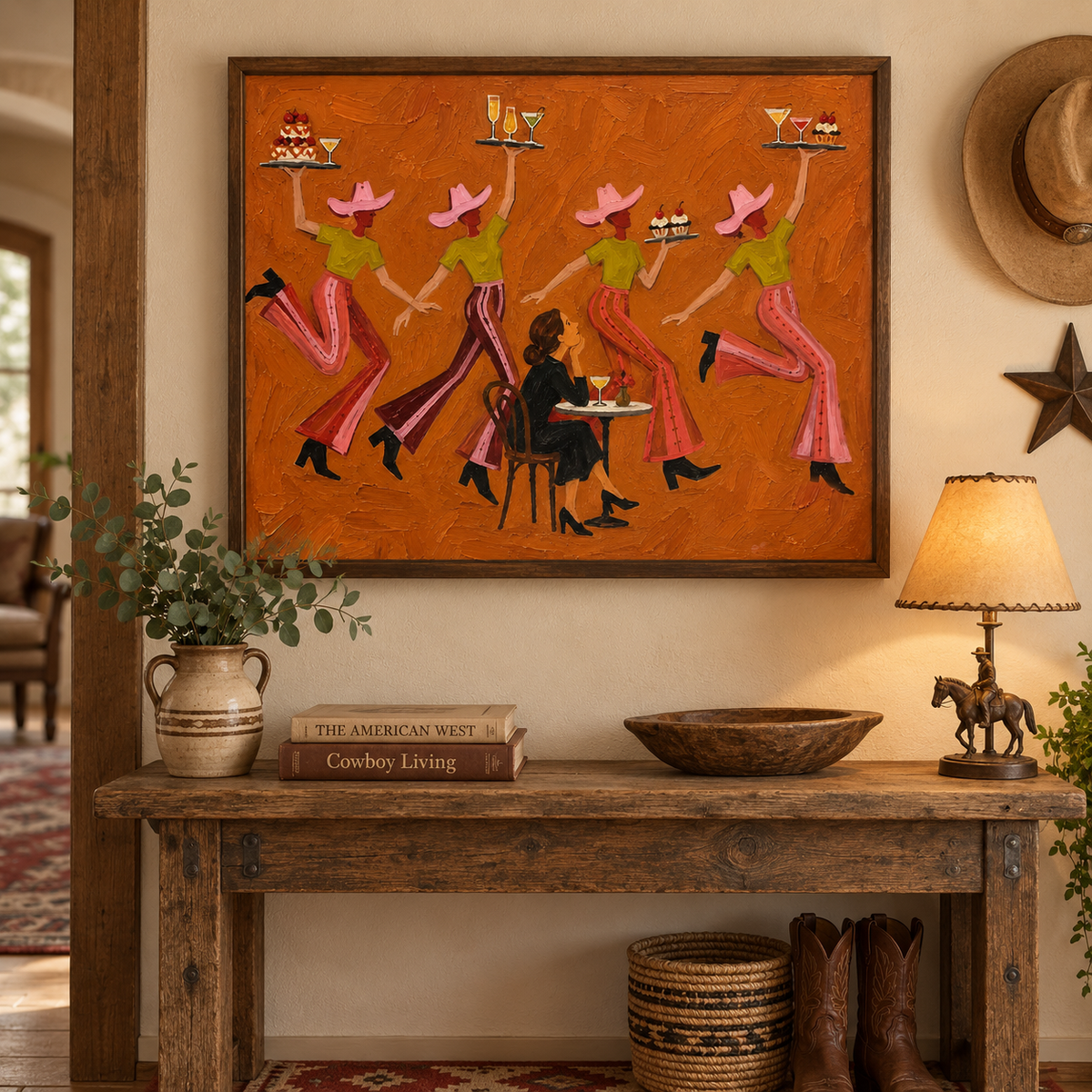 Narrative Western Cafe Canvas Art, Whimsical Cowgirl Dancing Canvas Painting, Retro Diner Wall Decor,