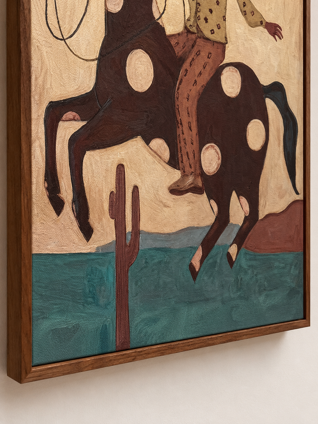 Figurative Cowboy Painting With Spotted Horse And Desert Landscape In Retro Vintage Style
