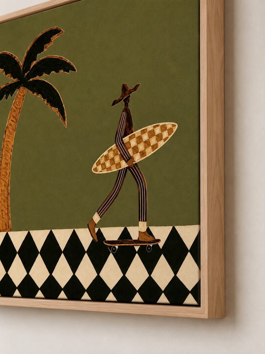 Vintage Skate Surfer Wall Art With Checkerboard Board For Retro Living Room Decor