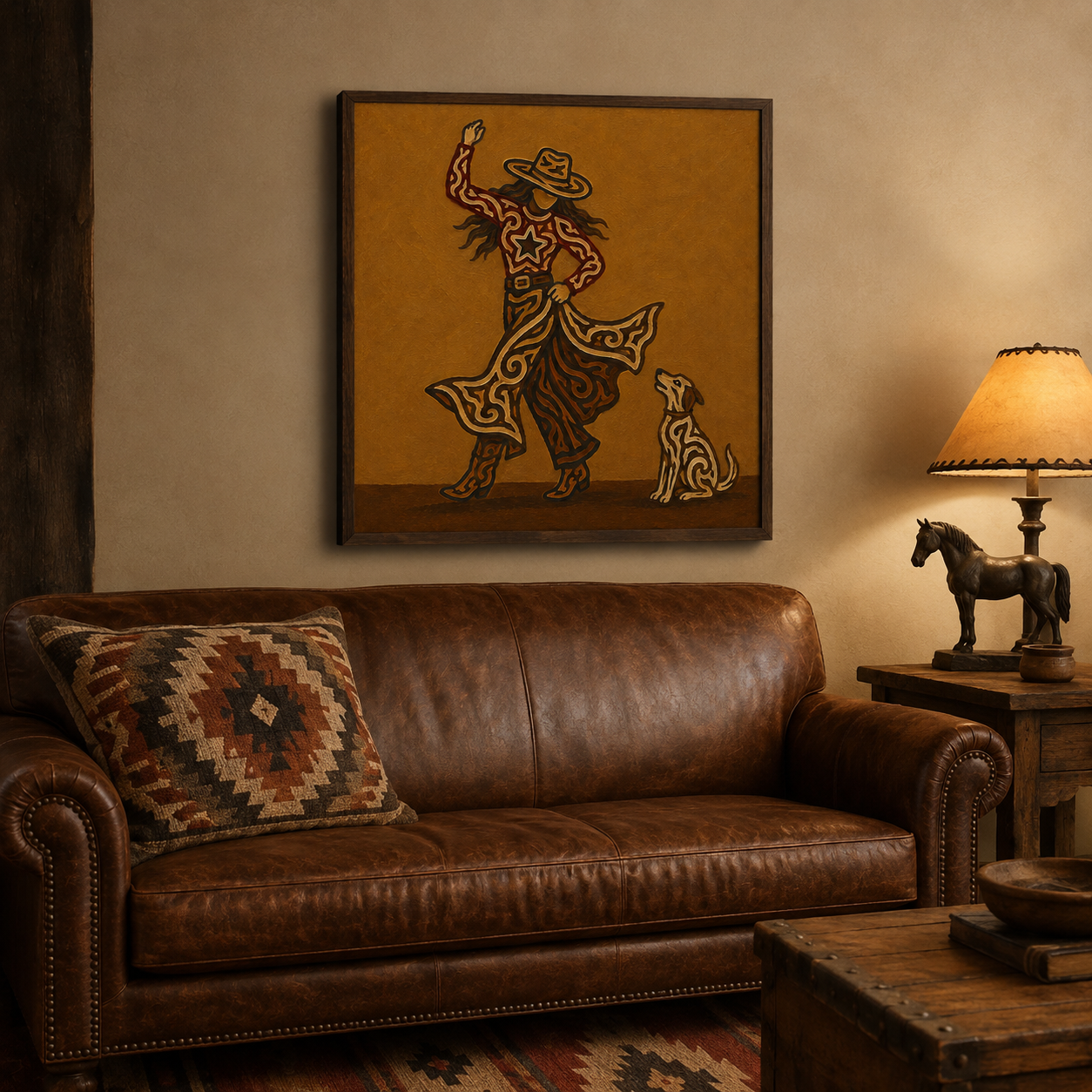 Cowgirl And Dog Wall Art, Western Woman Art , Dancing Cowgirl Canvas,Contemporary Western Decor