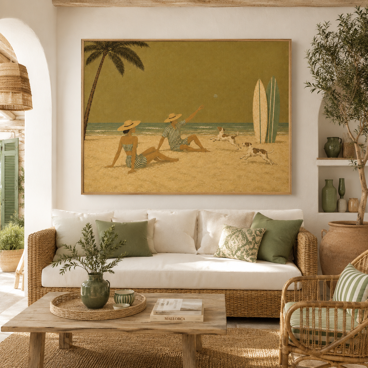 Surfboard Beach Art With Palm Tree And Dogs Vintage Style Original Canvas Painting For Coastal Or Vacation Home Walls