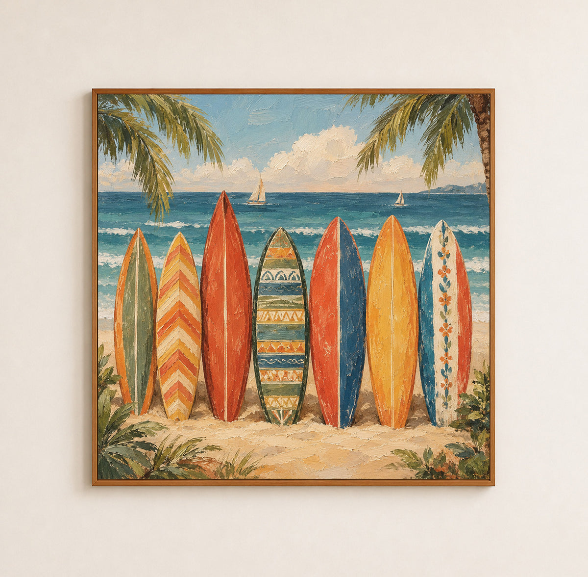 Colorful Vintage Surfboard Wall Art, Colorful Beach Oil Painting, Retro Boho Coastal Canvas