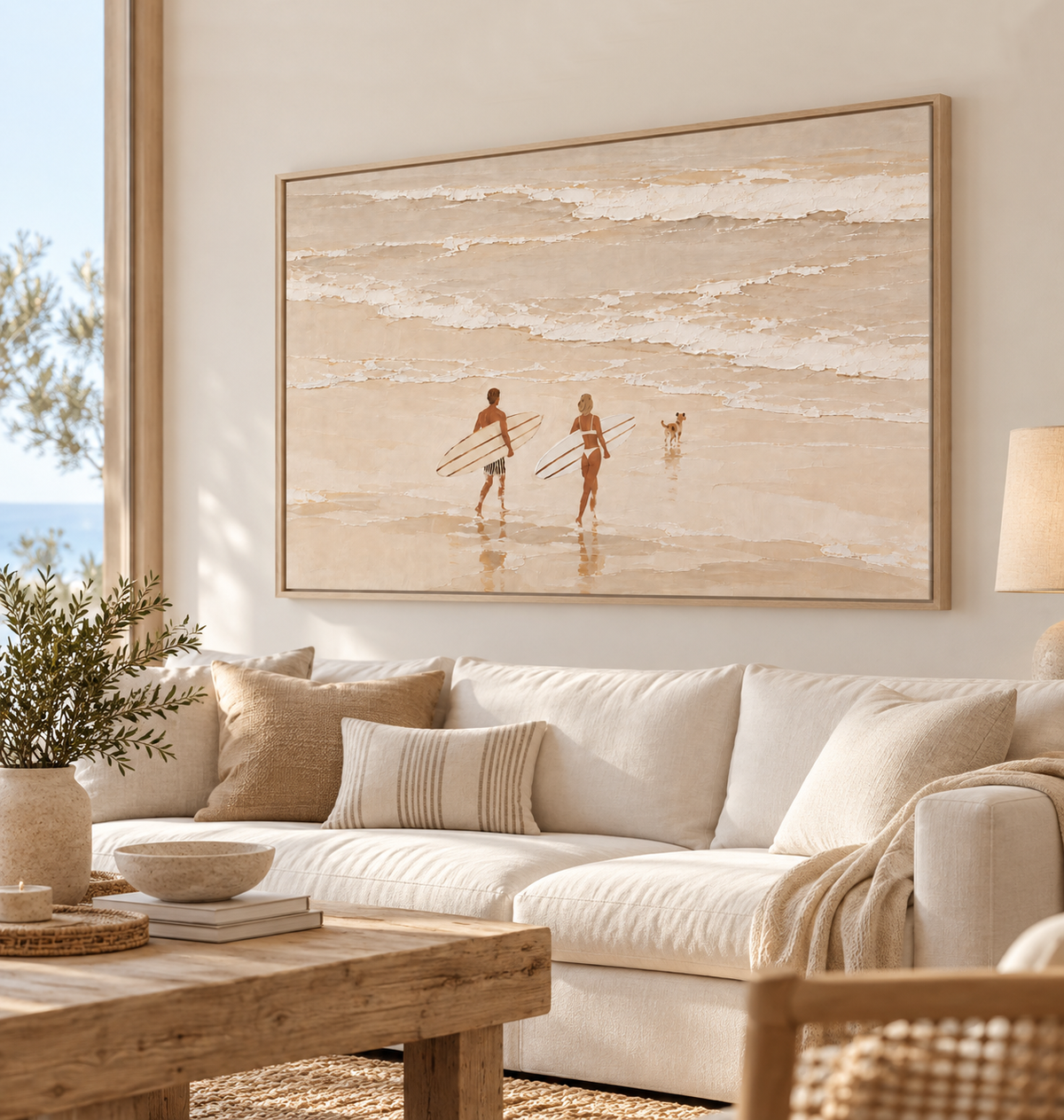 Neutral Cream Beach Canvas Art, Couple And Dog Surfing Wall Decor Surfboard Painting