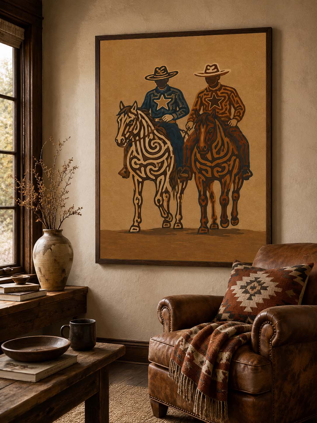 Two Cowboys Horse Painting, Western Riders Wall Art, Rustic Southwestern Ranch Decor