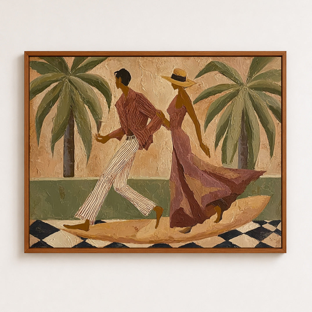 Dancing Couple Canvas Painting With Tropical Palms And Olive Green Tones