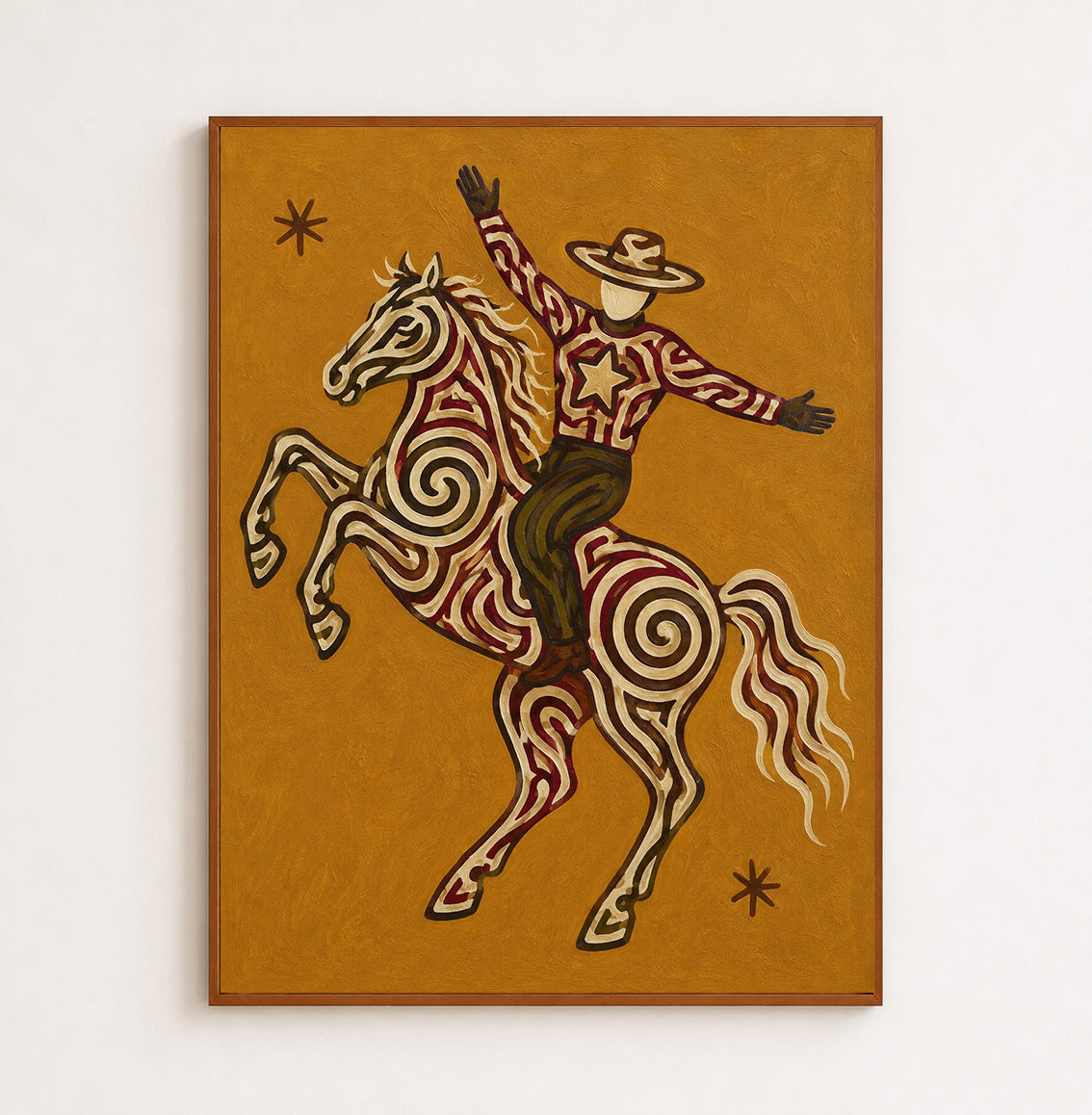 Vintage Western Wall Art, Ochre Cowboy Painting, Wild West Decor, Impasto Texture Canvas Art