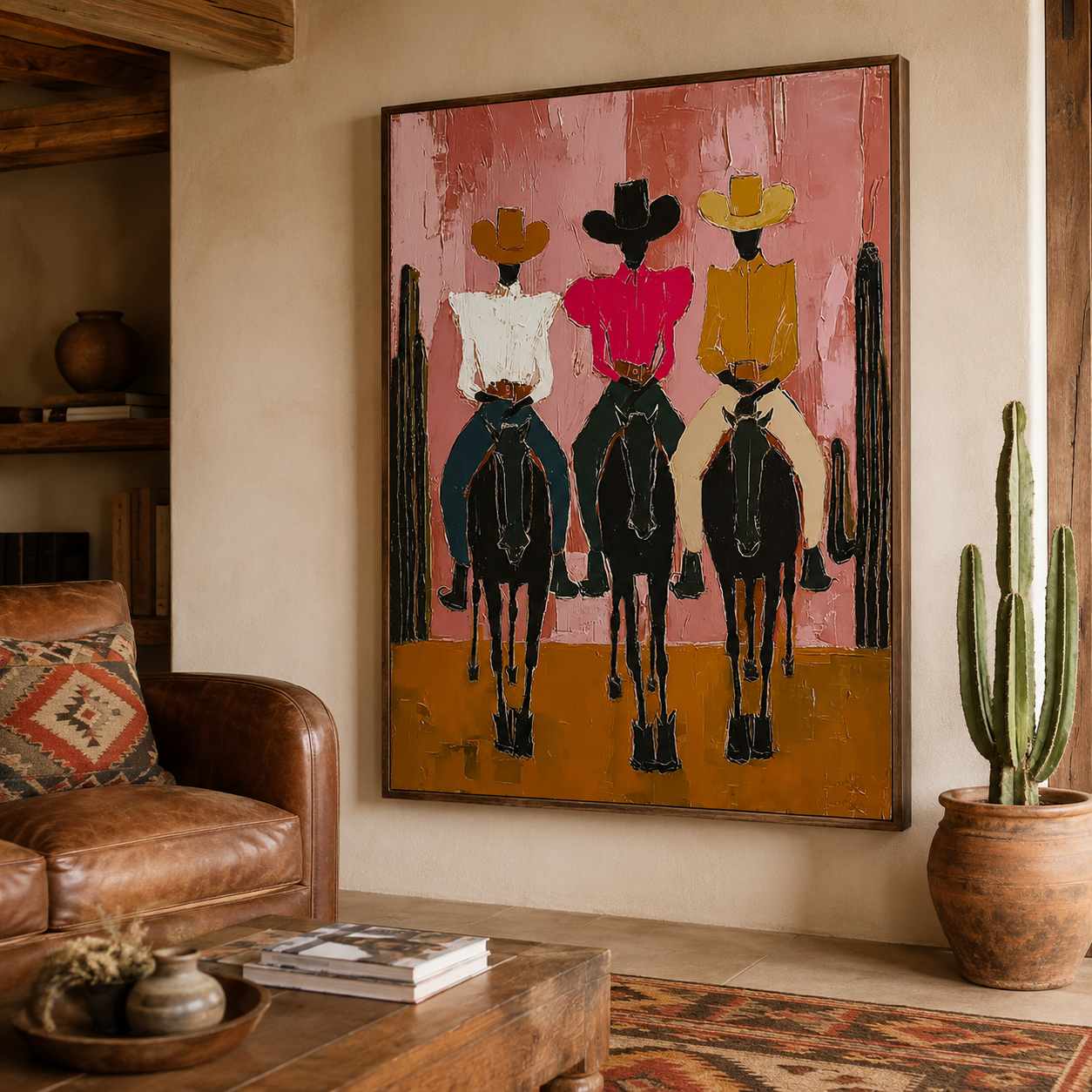 Modern Pink Desert Cowboy Painting With Cactus Canvas Art For Living Room Wall Decor
